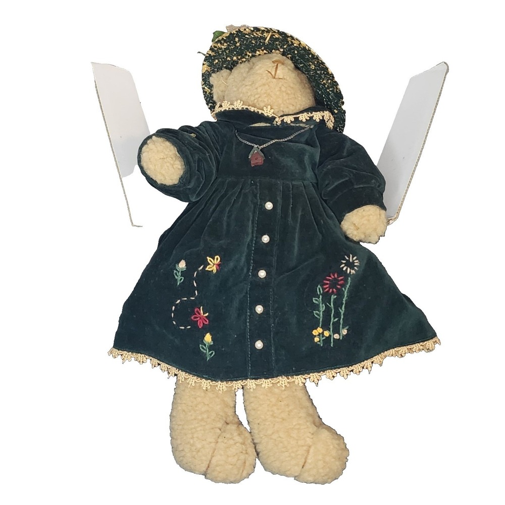 Vintage 1990s Delton Charlotte Victorian Teddy Bear Green Velvet Dress Straw Hat - Picture 10 of 10